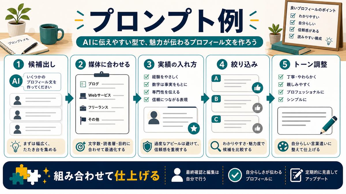 SNSプロフィール文のプロンプト例として、候補出し、媒体に合わせる、実績の入れ方、絞り込み、トーン調整、組み合わせて仕上げることを示す図解