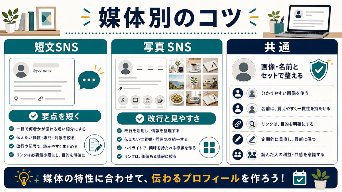 媒体別のコツとして、短文SNSは要点を短く、写真SNSは改行と見やすさ、共通で画像と名前を整えることをまとめた図解