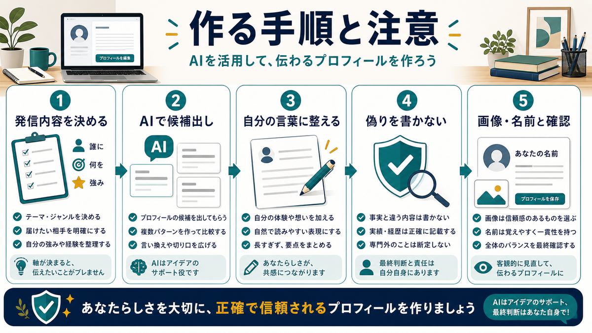SNSプロフィールを作る手順として、発信内容を決める、AIで候補出し、自分の言葉に整える、偽りを書かない、画像と名前を確認する図解
