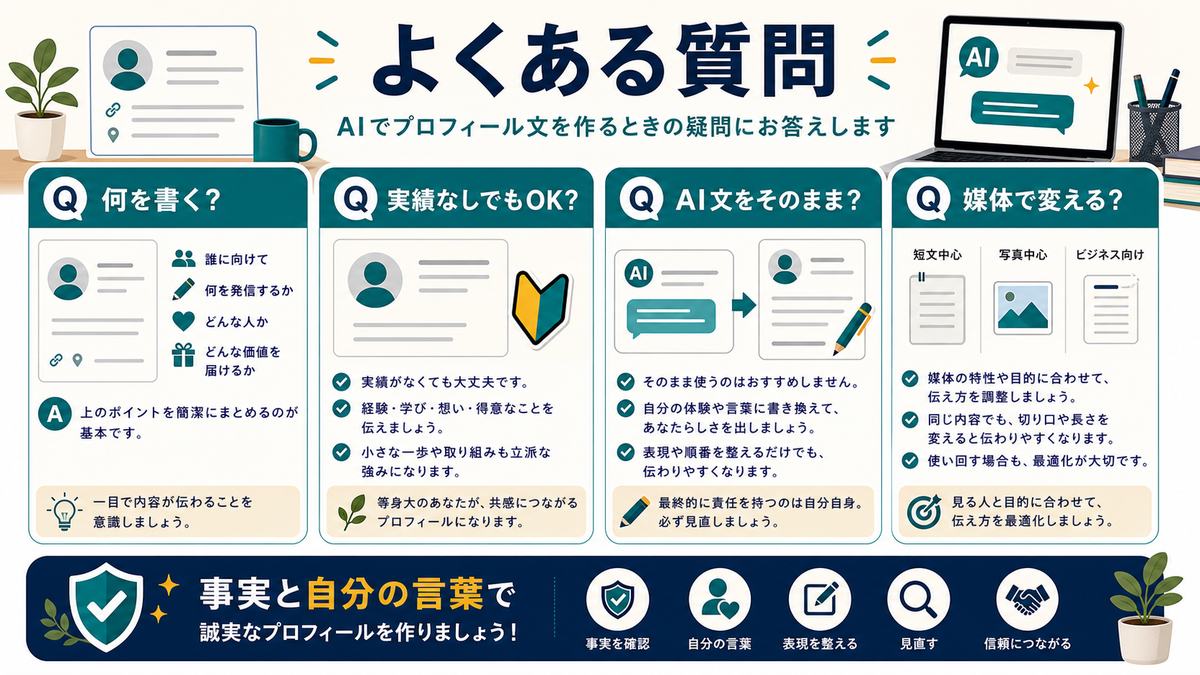 SNSプロフィール文のFAQとして、何を書く、実績なしでもOK、AI文をそのまま使うか、媒体で変えるか、事実と自分の言葉で仕上げることをまとめた図解