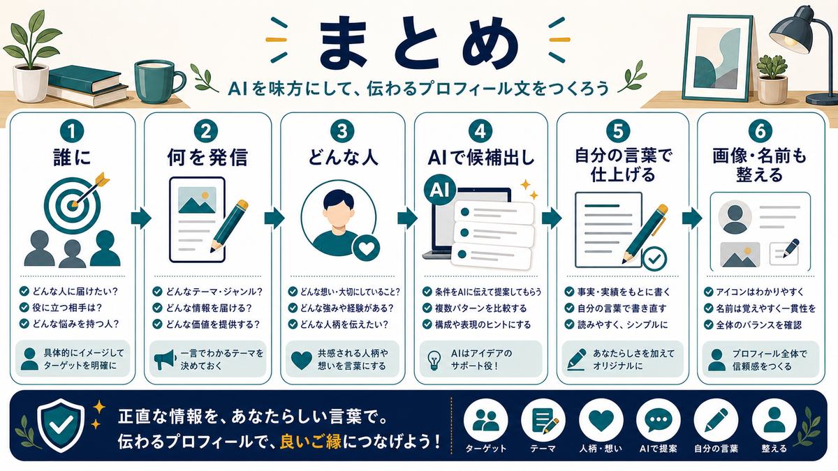 SNSプロフィール文のまとめとして、誰に、何を発信、どんな人、AIで候補出し、自分の言葉で仕上げる、画像と名前も整えることを示す図解