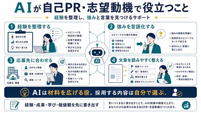 AIが自己PR志望動機で経験整理強みの言語化応募先への調整文章の読みやすさ改善に役立つ図