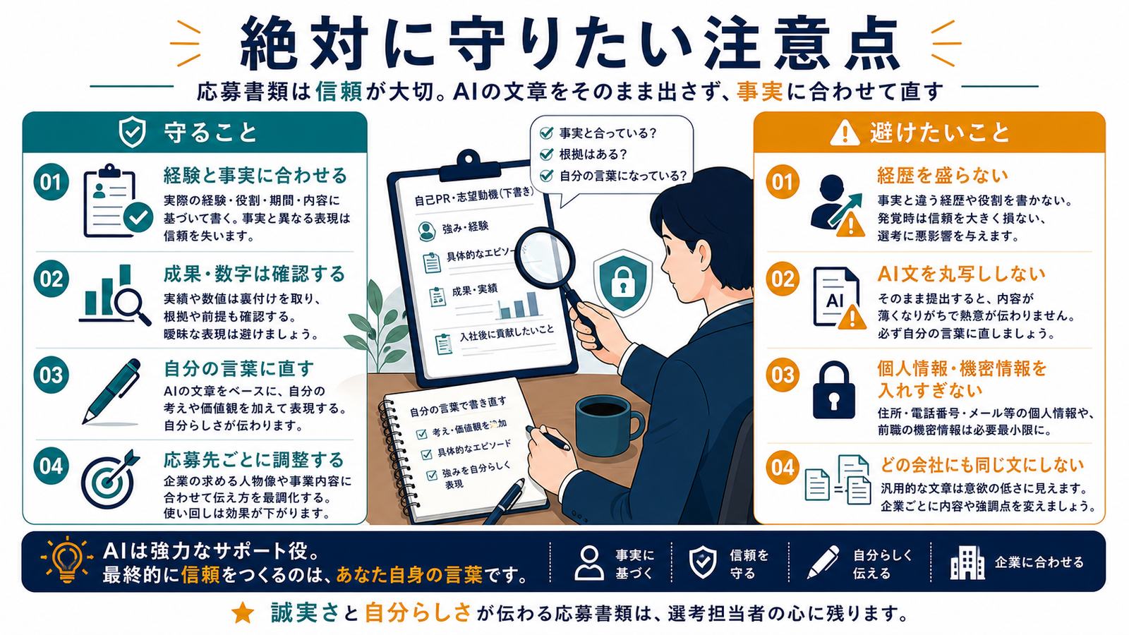 自己PRで経験と事実に合わせ成果数字を確認し経歴を盛らずAI文丸写しを避ける注意点の図