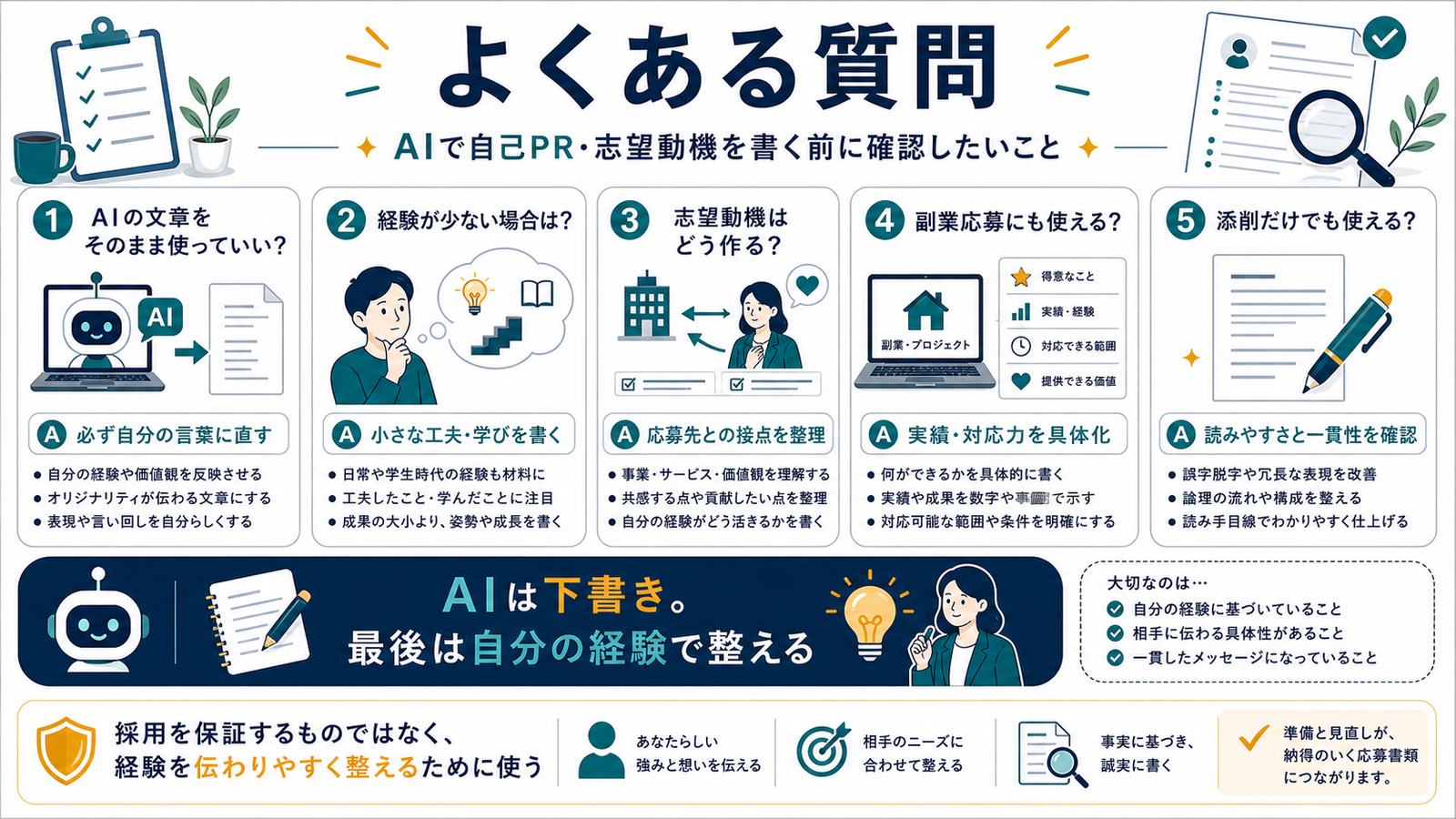 AI自己PRでそのまま使ってよいか経験が少ない場合志望動機副業応募添削を整理するFAQ図