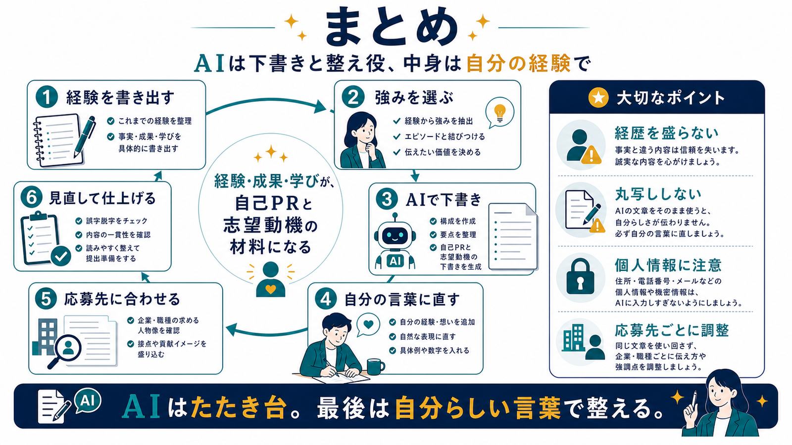 経験を書き出し強みを選びAI下書きを自分の言葉に直して応募先に合わせる自己PRまとめ図
