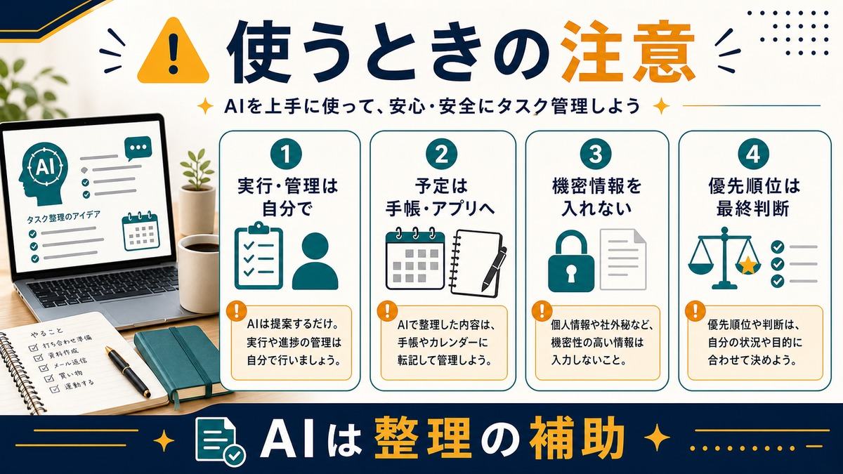 AIタスク管理では実行管理は自分で行い予定は手帳やアプリへ移し機密情報を入れない注意図解