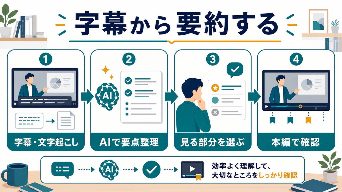 AIで動画を要約するときは字幕や文字起こしを使い、要点整理、見る部分の選択、本編確認を行う図解