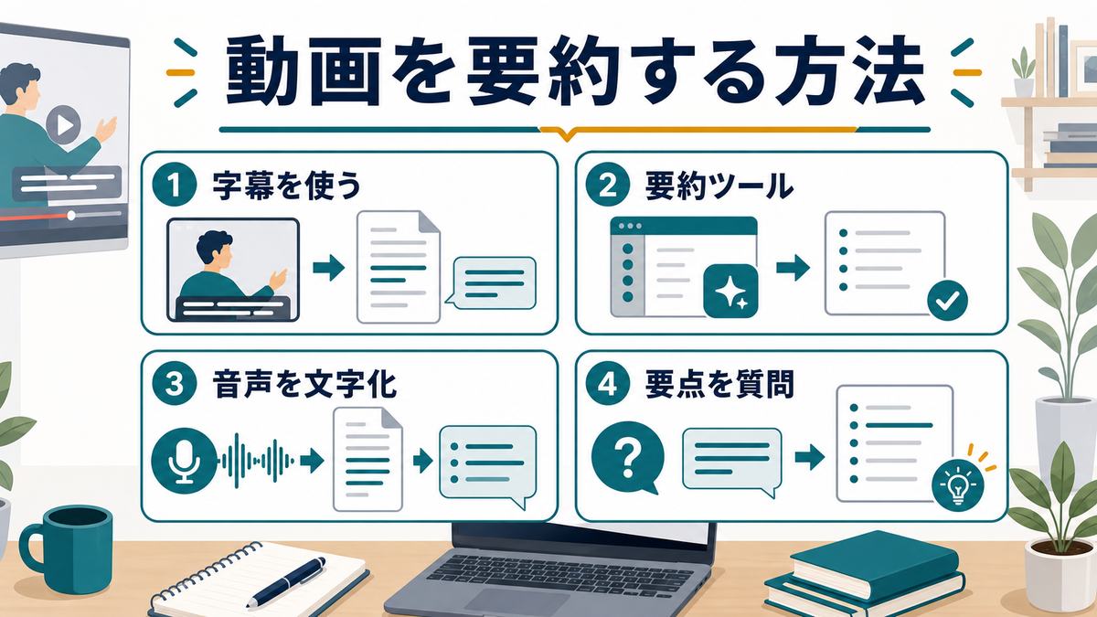 AIで動画を要約する方法として、字幕、要約ツール、音声の文字起こし、要点への質問を使い分ける図解