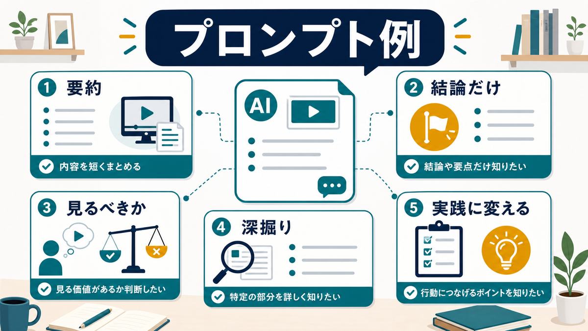 動画要約に使えるプロンプト例として、要約、結論だけ、見るべきか、深掘り、実践に変える質問をまとめた図解