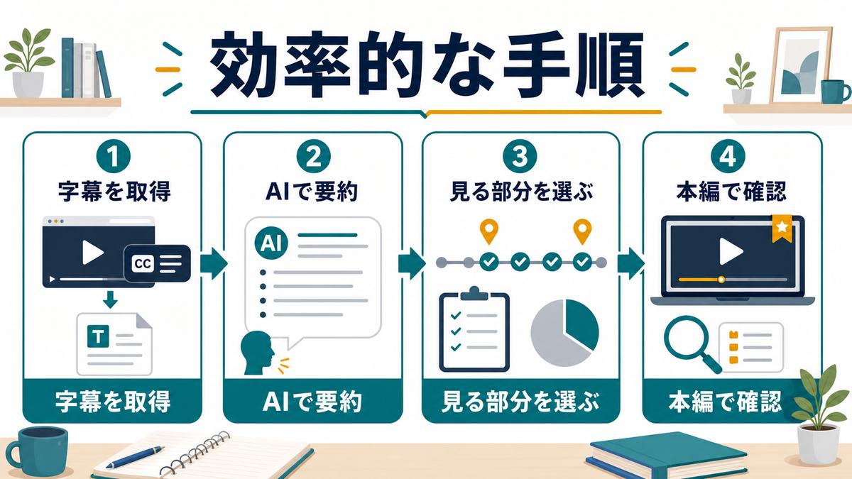 動画要約を効率化する手順として、字幕を取得、AIで要約、見る部分を選ぶ、本編で確認する流れの図解