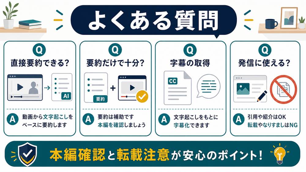 動画要約AIのFAQとして、直接要約、要約だけで十分か、字幕の取得、発信への利用、本編確認と転載注意をまとめた図解