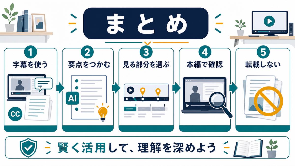 AIで動画要約するまとめとして、字幕を使う、要点をつかむ、見る部分を選ぶ、本編確認、転載しないことを示す図解