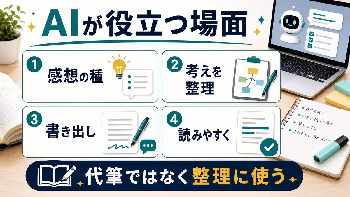 AIが読書感想で役立つ場面を整理した図解