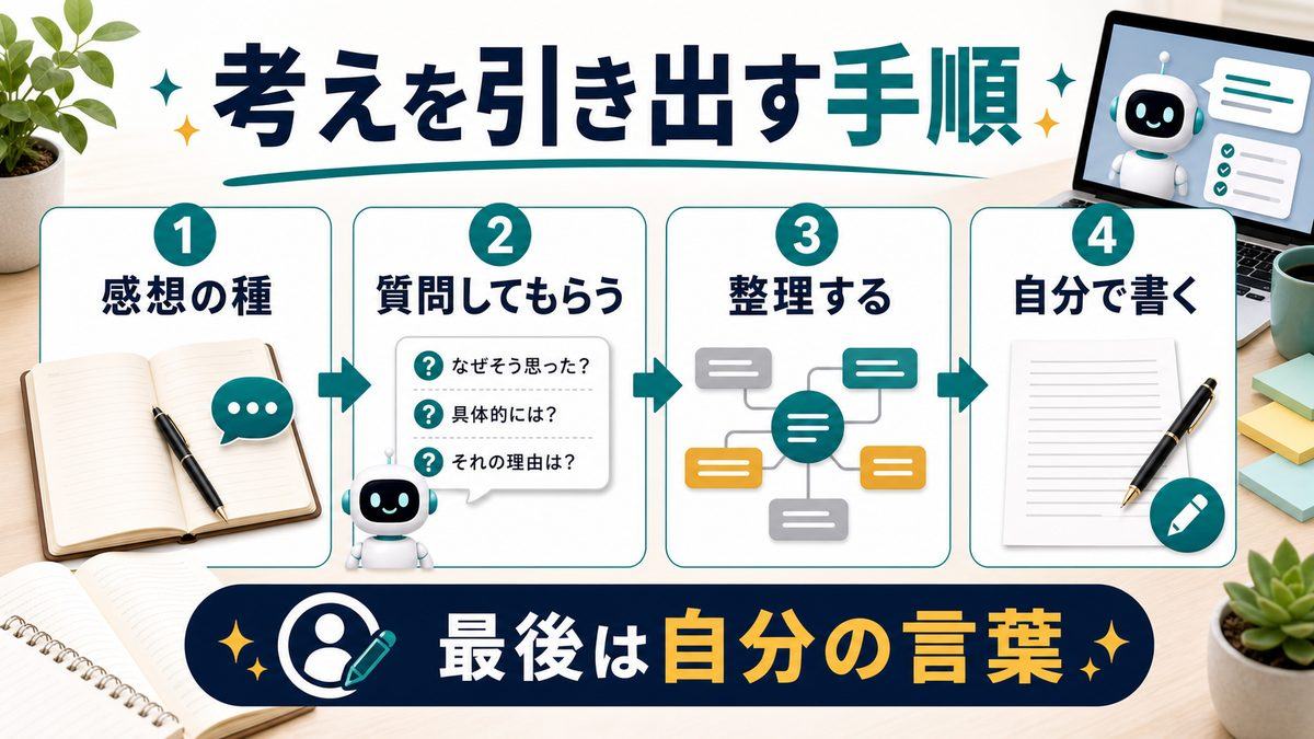 AIで読書感想の考えを引き出す手順を整理した図解