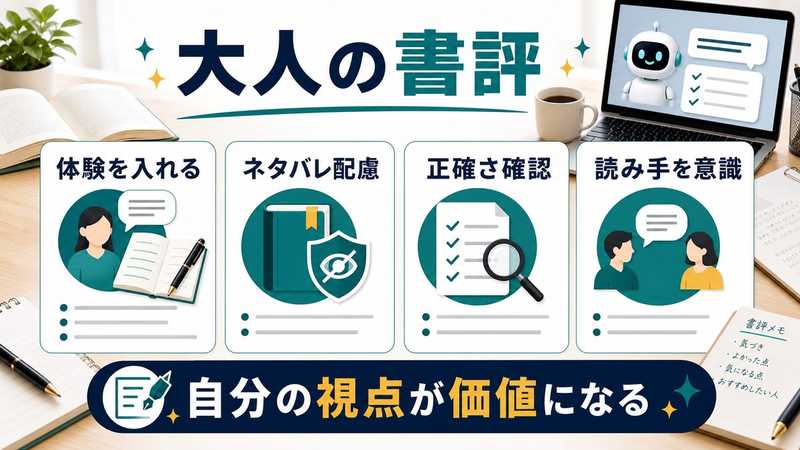 大人の書評やレビューでAIを使うときのポイントを整理した図解