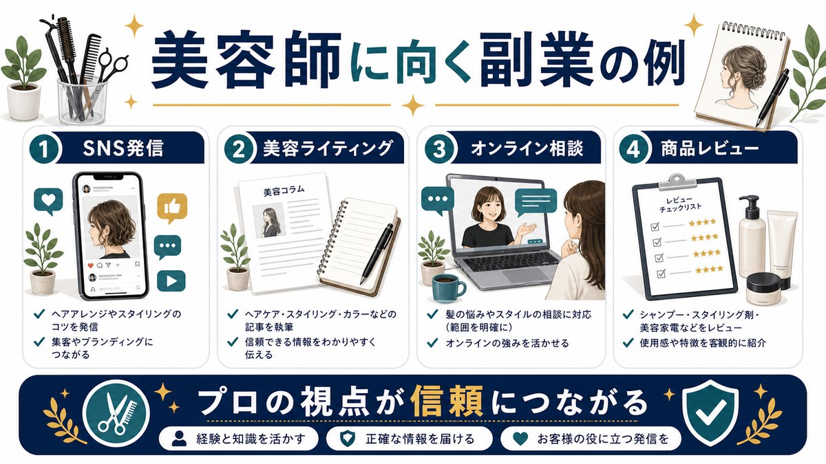 美容師に向く副業の例を整理した図解