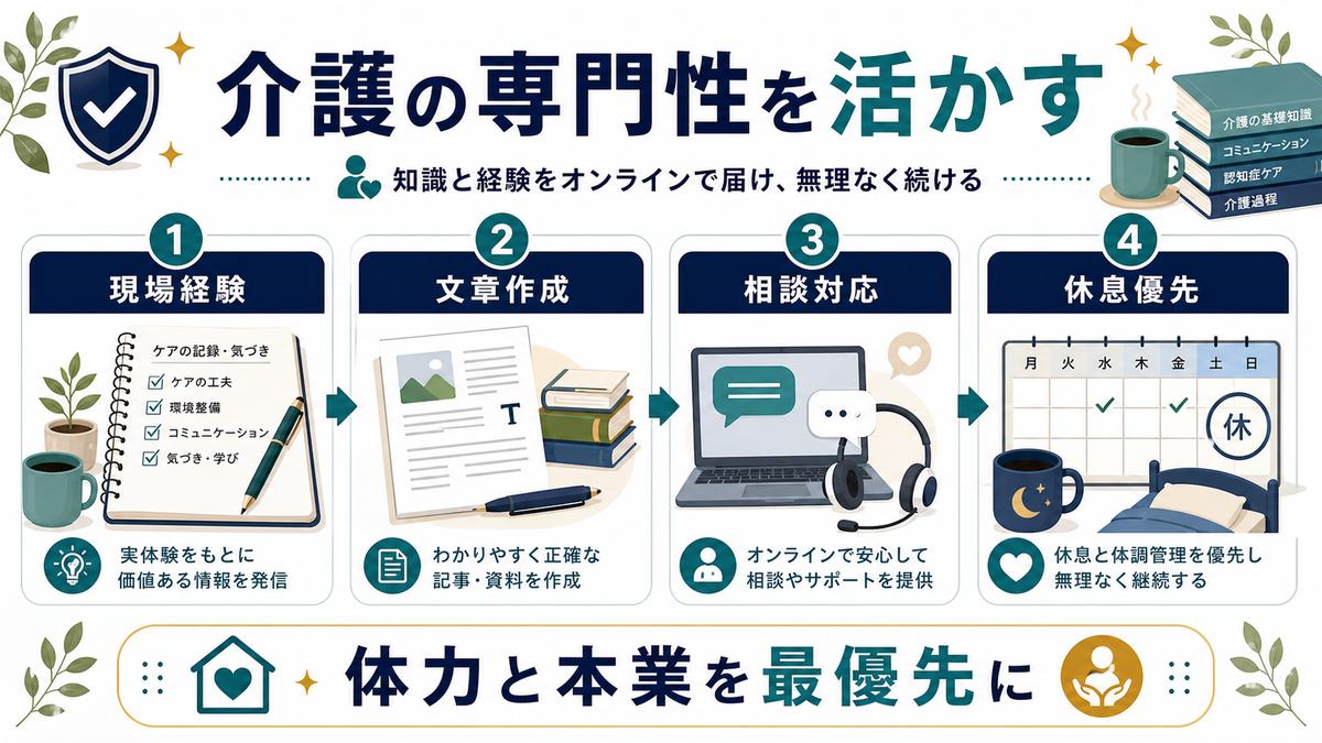 介護職の専門性を副業に活かし体力と両立する考え方を整理した図解