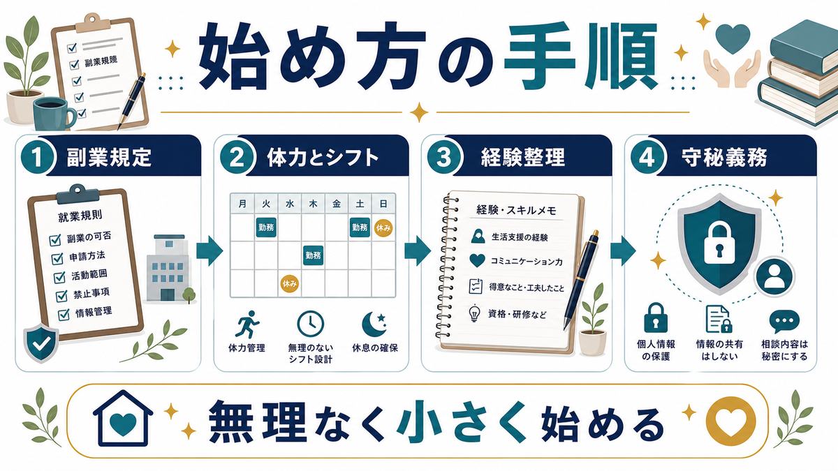 介護職が副業を始める手順を4ステップで整理した図解