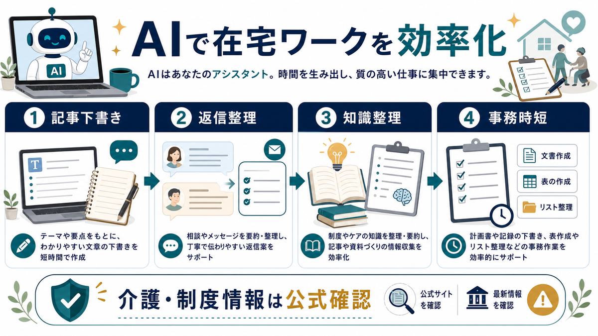 AIで介護職の在宅ワークを効率化する使い方を整理した図解
