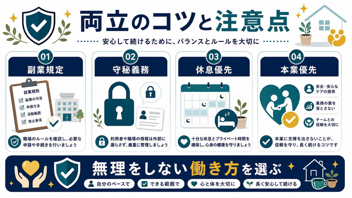介護職が副業と本業を両立するコツと注意点を整理した図解