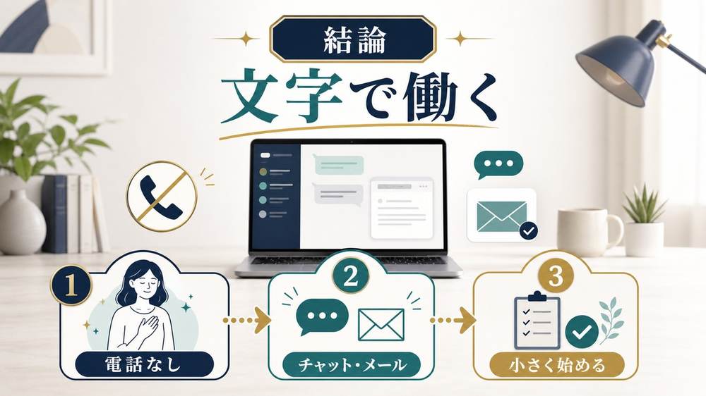 話すのが苦手な人が電話なしでチャットやメール中心の在宅ワークを小さく始める流れの図解