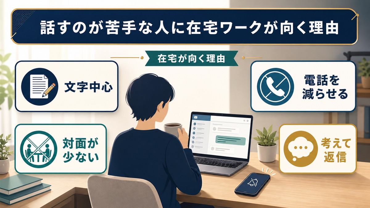 在宅ワークが文字中心で電話や対面を減らし考えて返信しやすい理由を整理した図解