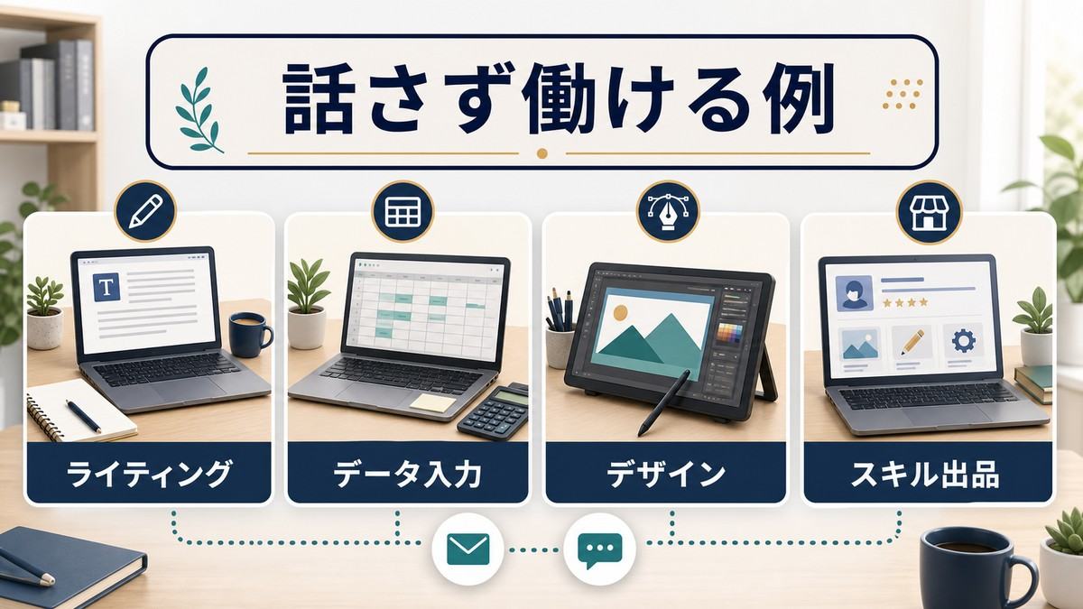 ライティング、データ入力、デザイン、スキル出品など話さず働ける在宅ワーク例の図解