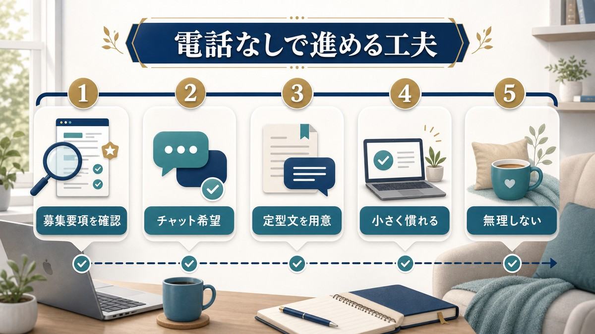 募集要項確認、チャット希望、定型文用意、小さく慣れる、無理しない流れで電話なしで進める工夫の図解