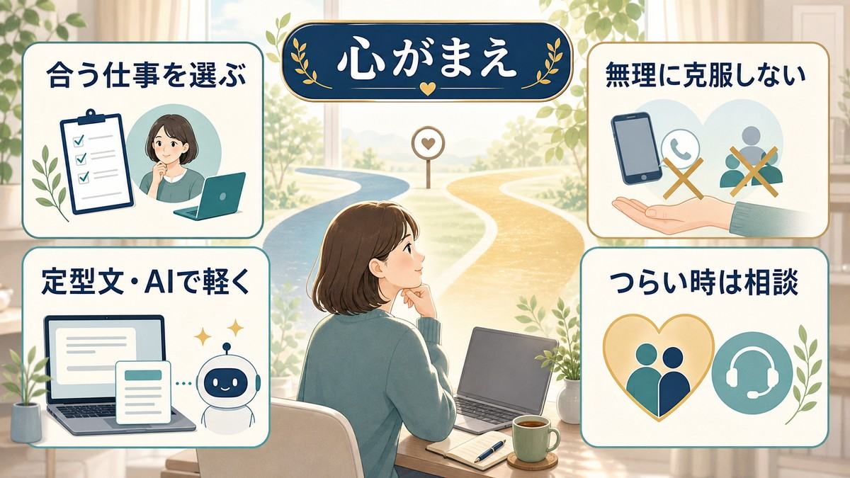 合う仕事を選び定型文やAIで負担を軽くし無理に克服せずつらい時は相談する心がまえの図解