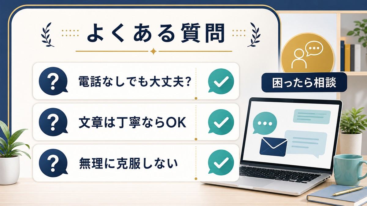 電話なしでも大丈夫か、文章は丁寧ならよいか、無理に克服しないこと、困ったら相談することをまとめたFAQ図解
