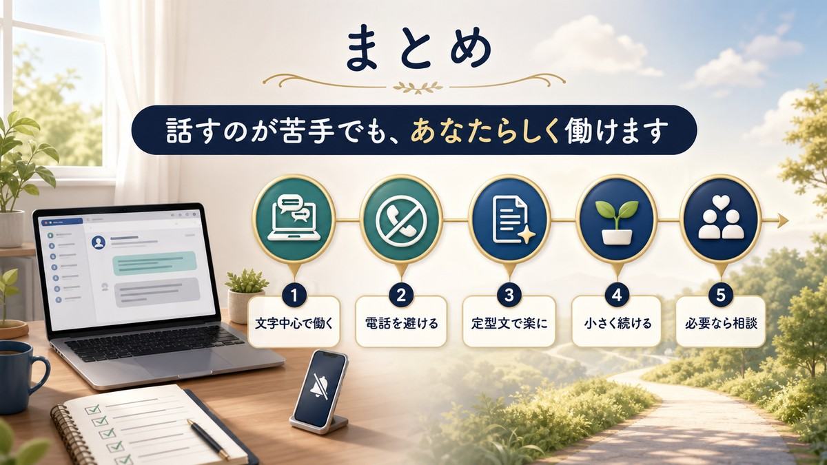 文字中心で働き電話を避け定型文で楽にし小さく続け必要なら相談する流れをまとめた図解