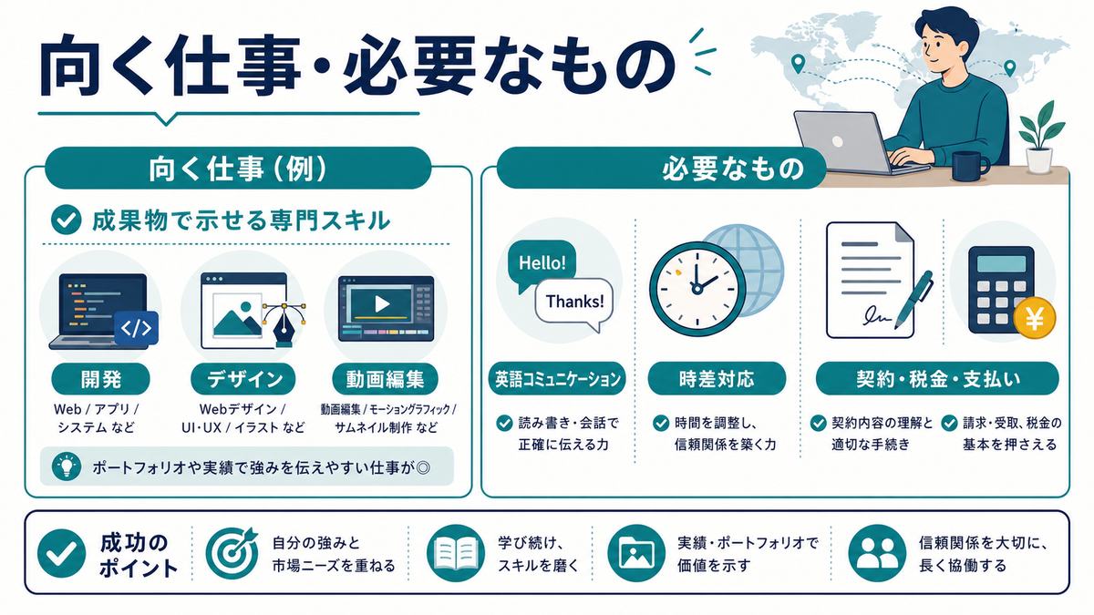 越境リモートに向く成果物型の専門スキルと英語、時差、契約税金支払いの備えを整理した図解