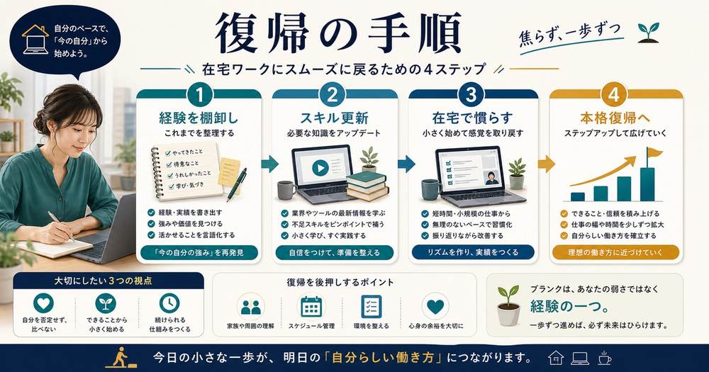 ブランクから在宅ワークへ経験の棚卸し、スキル更新、在宅で慣らす、本格復帰へ進む手順の図解