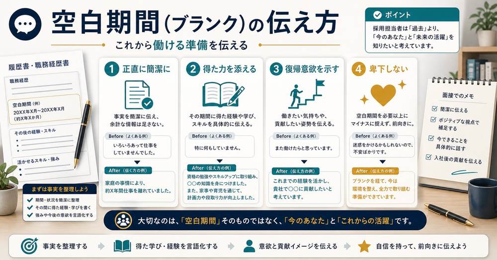 空白期間を正直に簡潔に伝え、得た力と復帰意欲を添え、卑下しないブランクの伝え方の図解