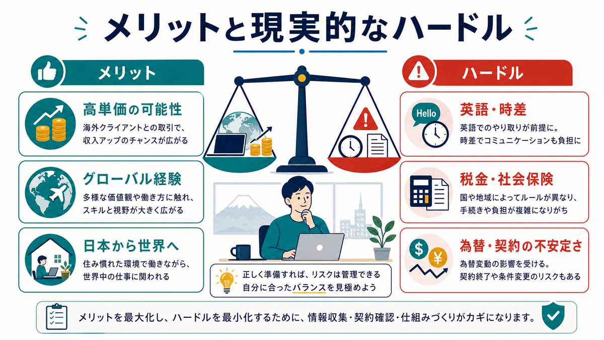 越境リモートの高単価の可能性やグローバル経験と英語時差税金社会保険などのハードルを比較した図解