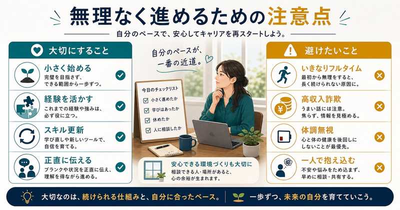 ブランクから在宅復帰する時に小さく始め経験を活かしスキル更新し高収入詐欺や無理な復帰に注意する図解