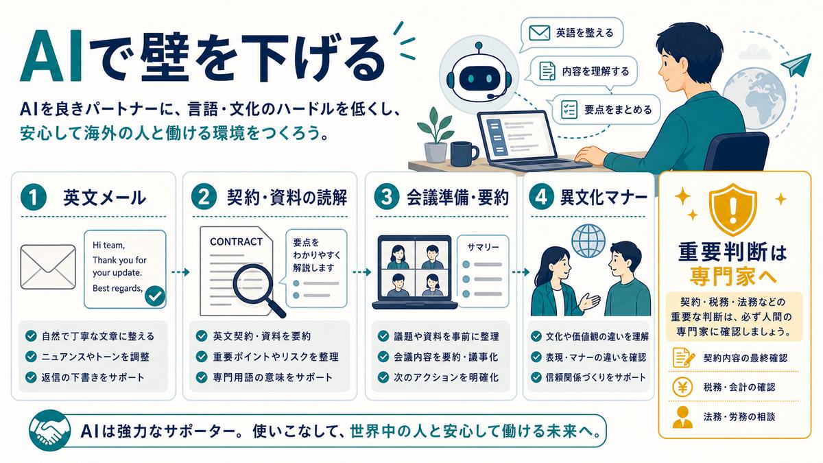 AIで英文メール、契約資料の読解、会議準備、異文化マナー確認を補助し重要判断は専門家へ相談する図解