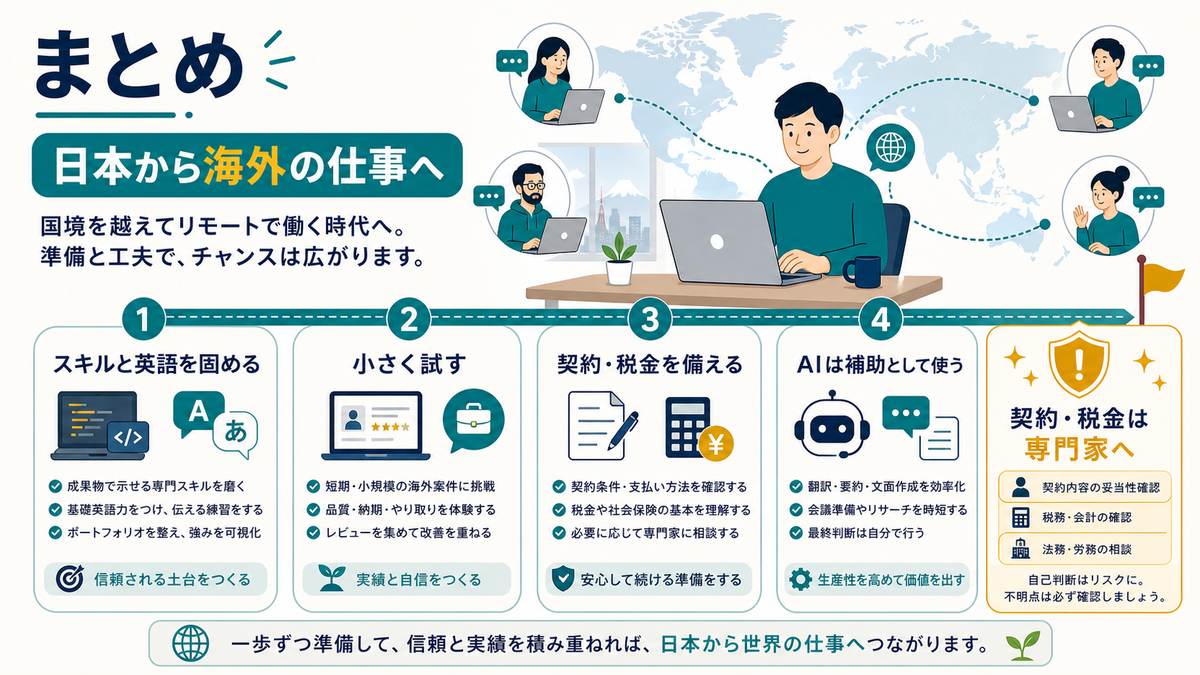 日本から海外の仕事へ進むためにスキルと英語、小さな試行、契約税金の専門家確認、AI補助をまとめた図解