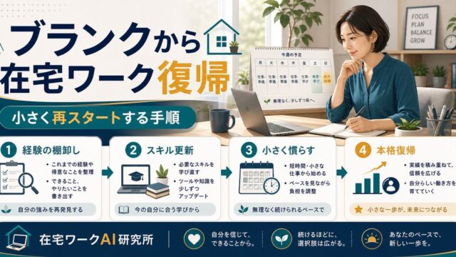 ブランクから在宅ワークで小さく再スタートする手順を示す在宅ワークAI研究所のアイキャッチ画像