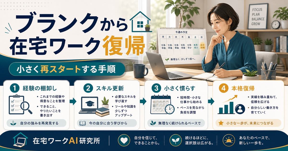 ブランクから在宅ワークで小さく再スタートする手順を示す在宅ワークAI研究所のアイキャッチ画像