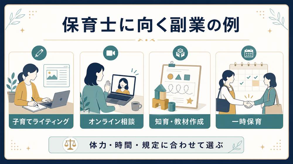 保育士に向く子育てライティング、オンライン相談、知育教材作成、一時保育の副業例を比較した図解