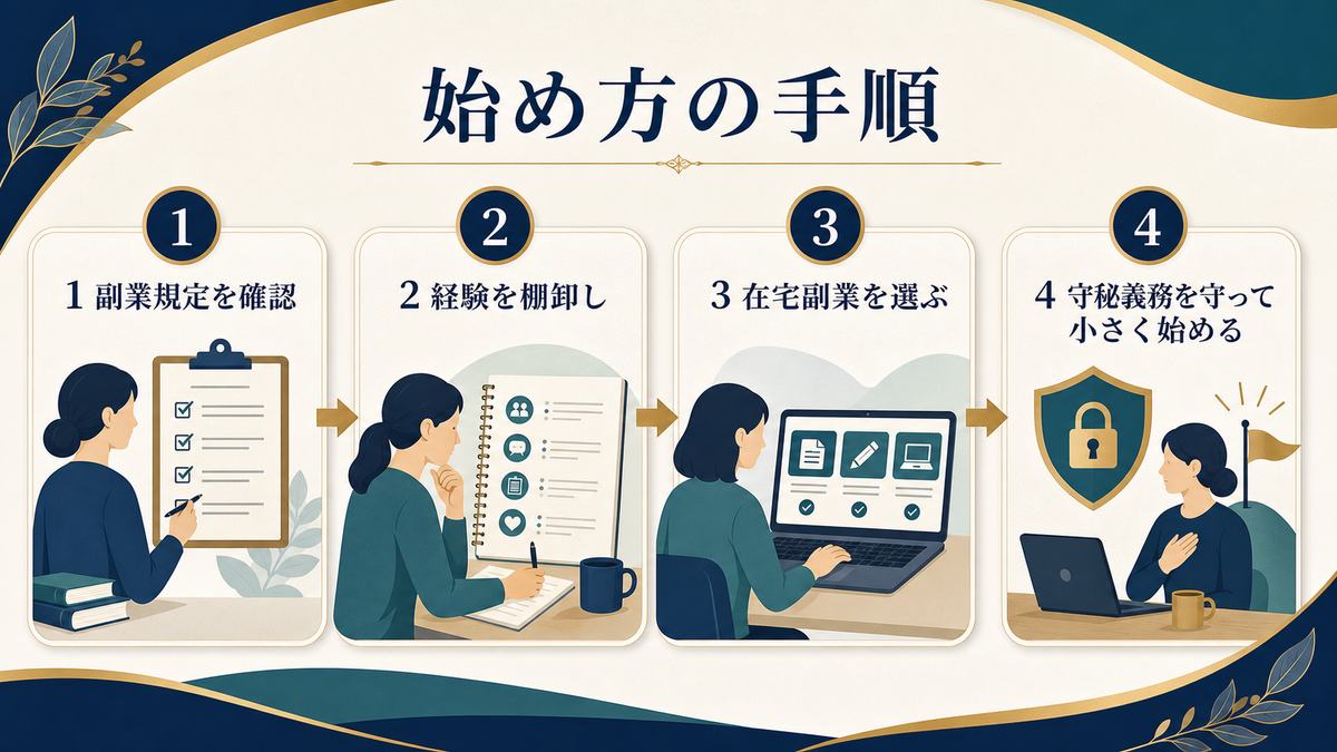 保育士が副業規定確認、経験の棚卸し、在宅副業選び、守秘義務を守った小さな開始へ進む手順の図解