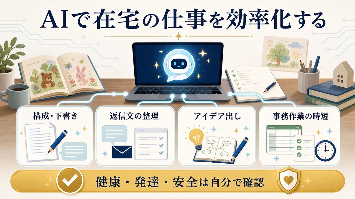 保育士が在宅副業でAIを構成作成、返信文整理、アイデア出し、事務作業の時短に使う方法の図解