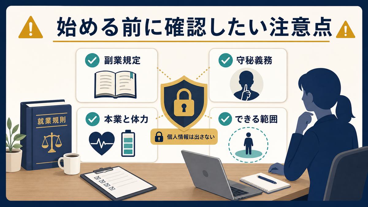 保育士が副業前に副業規定、守秘義務、本業と体力、できる範囲を確認する注意点の図解