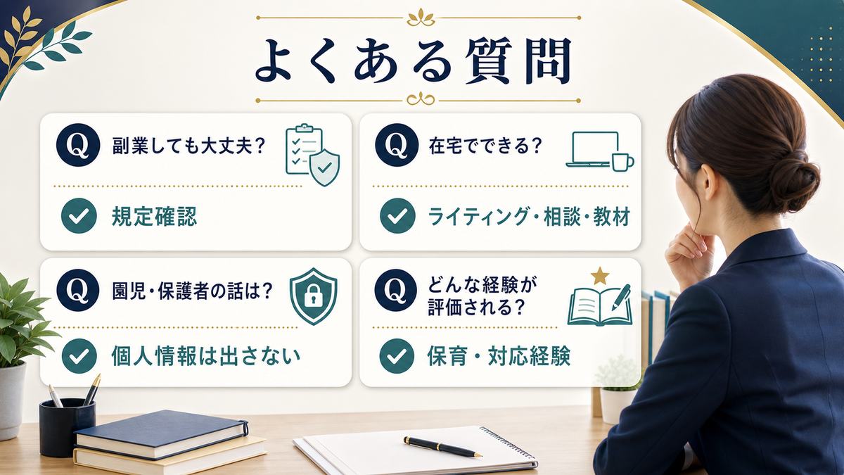 保育士の副業可否、在宅副業、園児や保護者の情報管理、評価される経験についてのFAQ図解