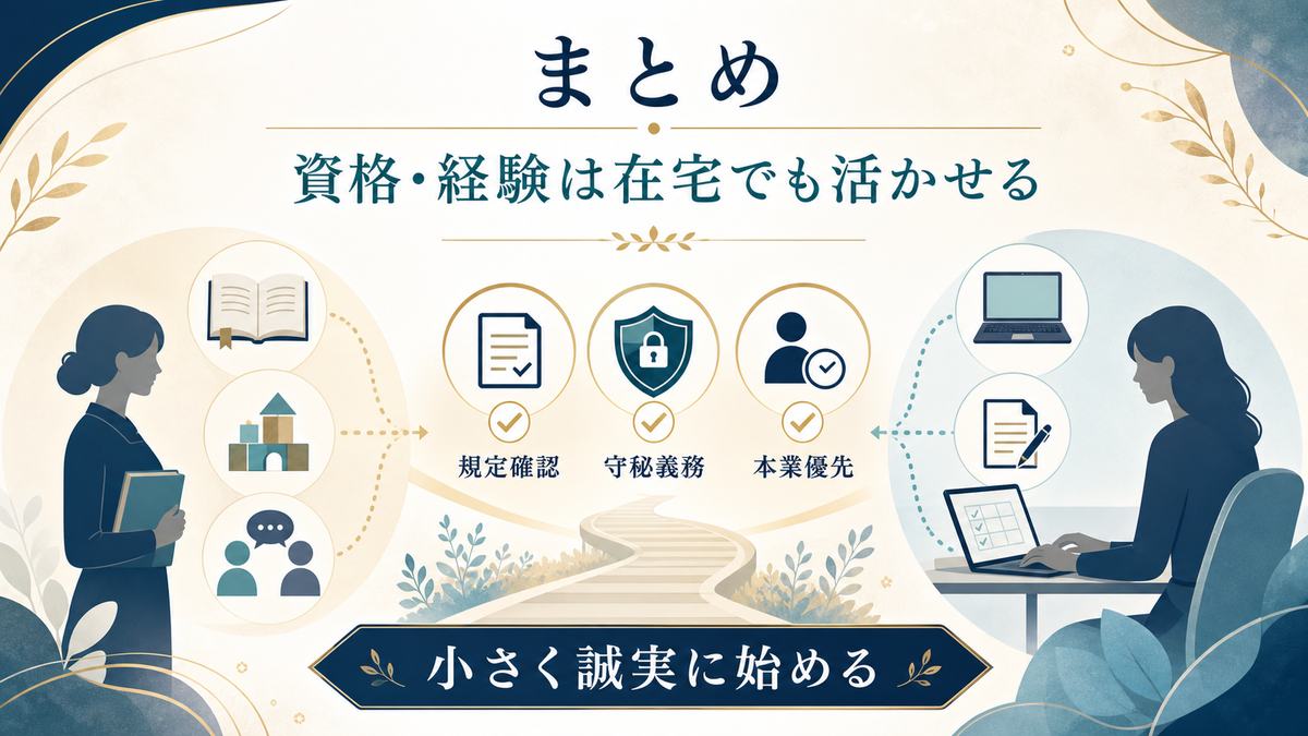保育士の資格と経験を在宅でも活かしながら規定確認、守秘義務、本業優先を守るまとめ図解