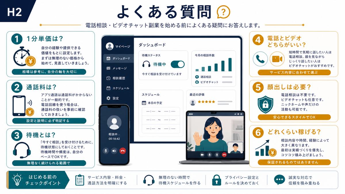 電話相談副業の1分単価や通話料や待機に関するFAQ