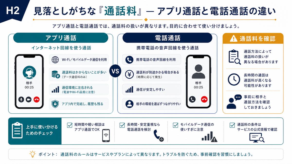 アプリ通話と電話通話の通話料の違いを確認する図解
