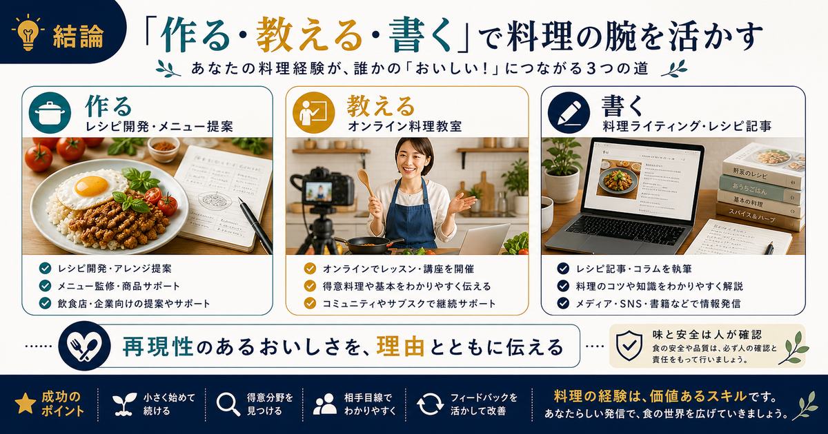 調理師や飲食経験を作る、教える、書くの3方向でレシピ開発やオンライン料理教室、料理ライティングに活かす図解