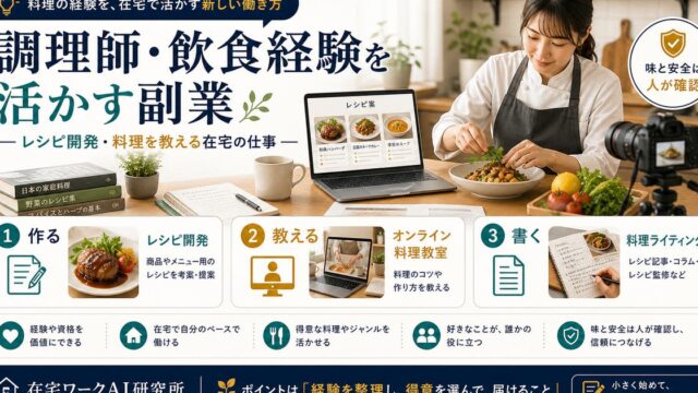 調理師や飲食経験を活かす副業としてレシピ開発、料理教室、料理ライティングを整理した図解
